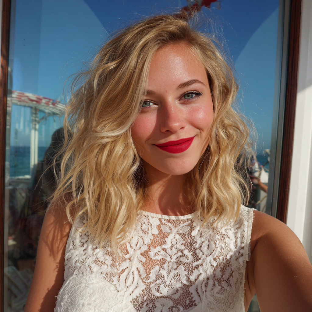 Una mujer sonriente con un vestido blanco | Fuente: Midjourney