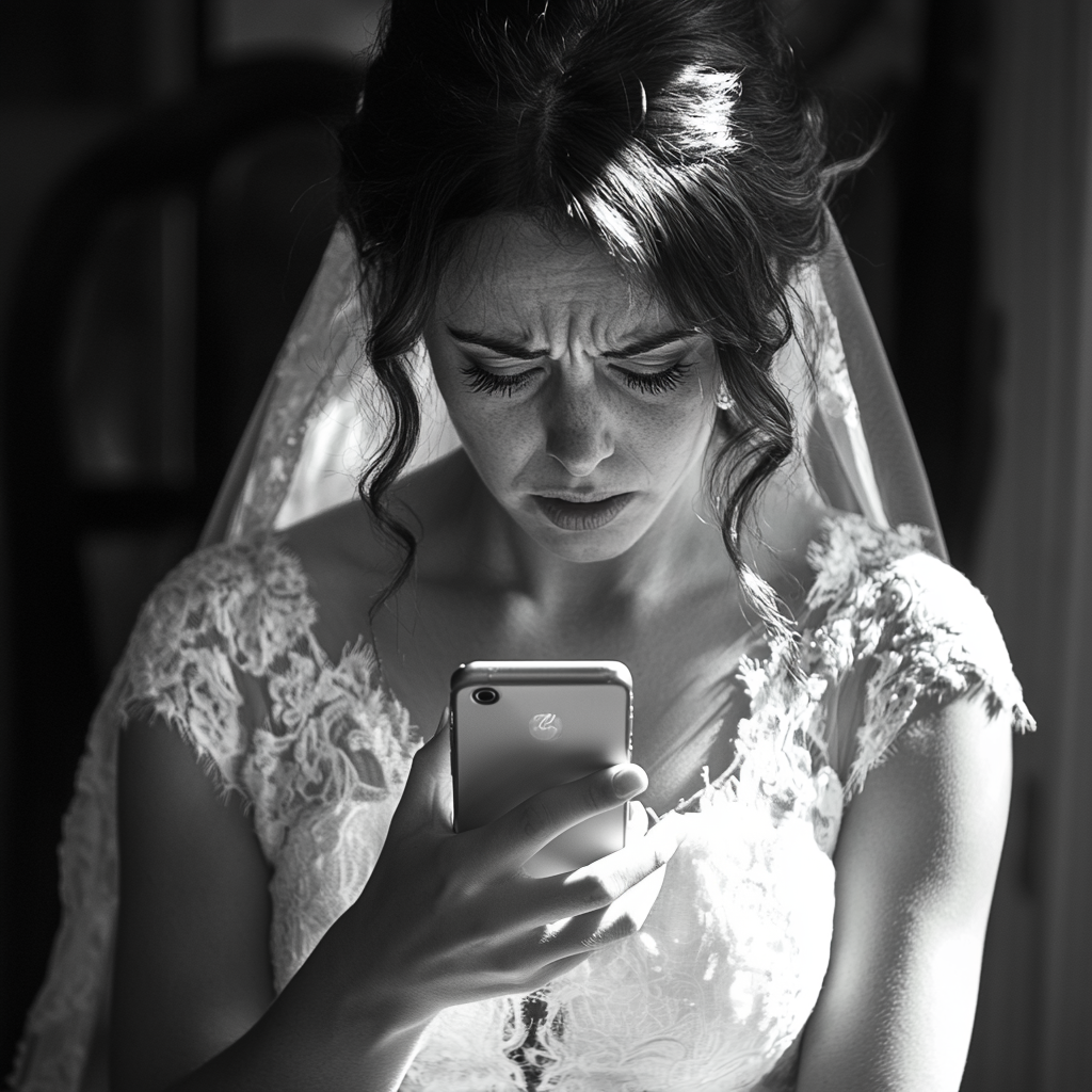 Una novia mirando su teléfono | Fuente: Midjourney