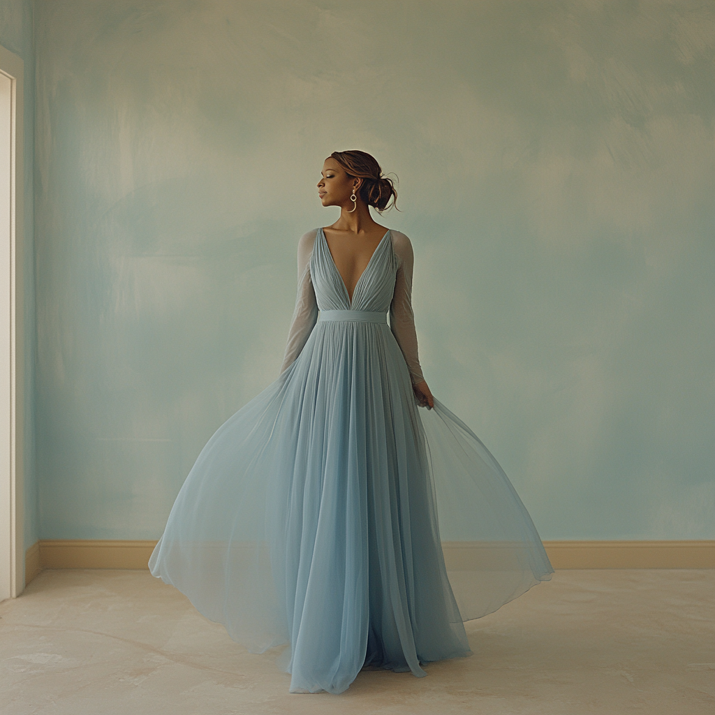 Una mujer feliz con un vestido azul | Fuente: Midjourney