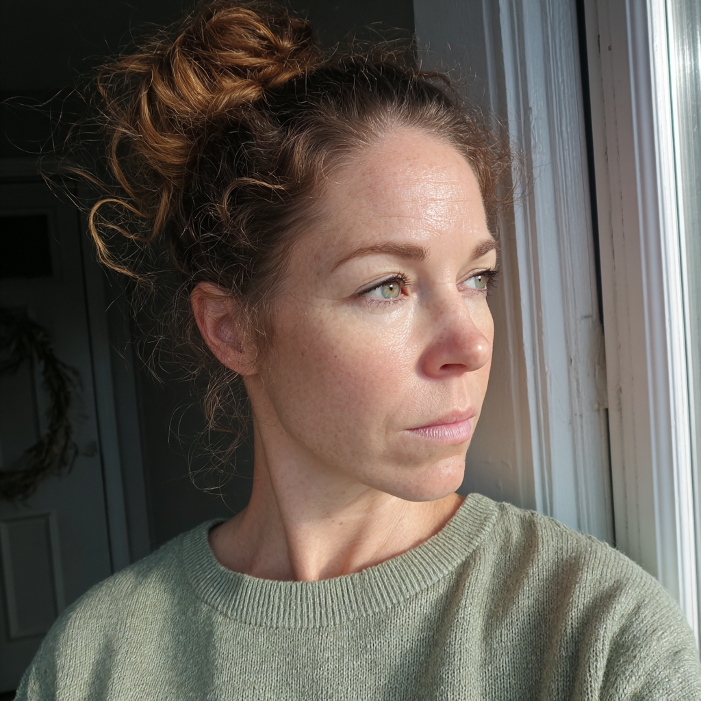 Una mujer preocupada ante la puerta de su casa | Fuente: Midjourney