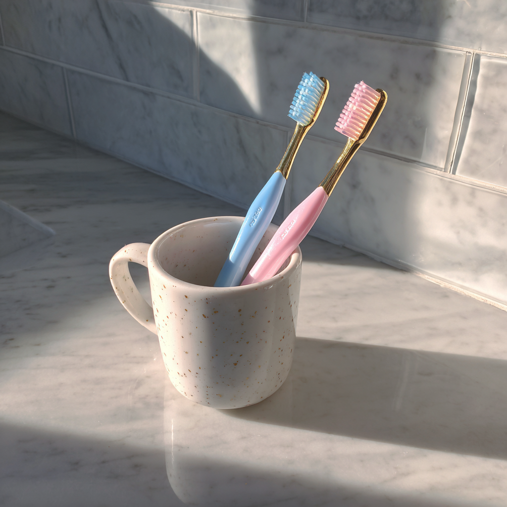 Cepillos de dientes en una taza sobre la encimera del baño | Fuente: Midjourney