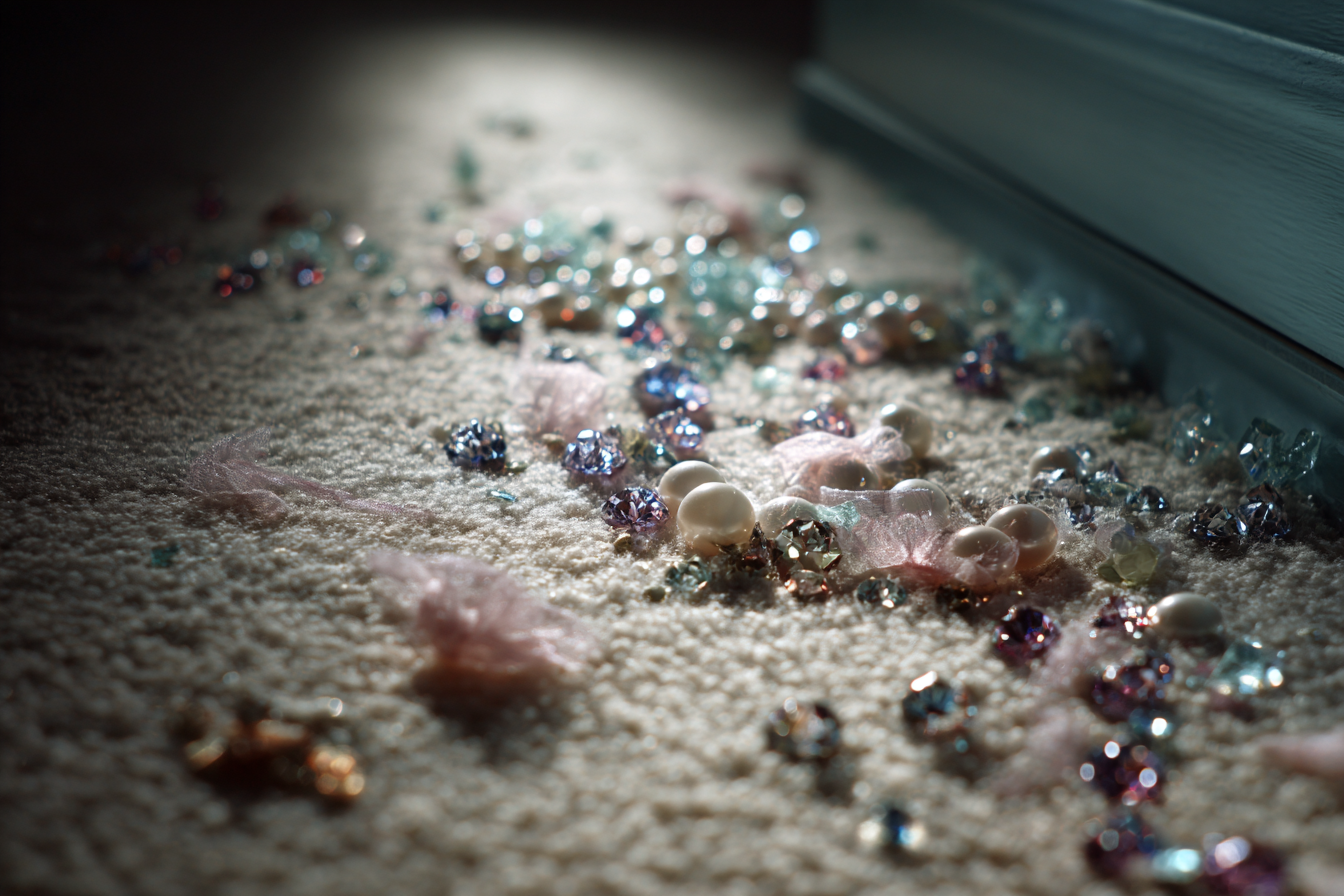 Abalorios y cristales en la alfombra | Fuente: Midjourney