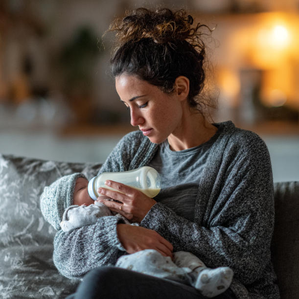 Una mamá cansada alimentando a su bebé | Fuente: Midjourney