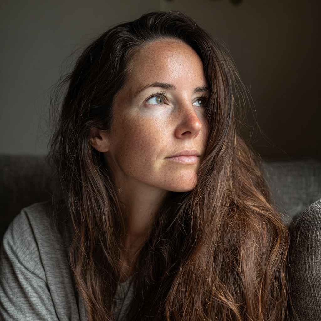 Una mujer pensativa sentada en un sofá | Fuente: Midjourney