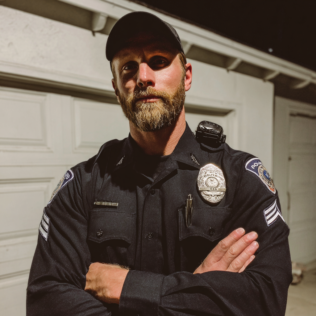 Un agente de policía de pie con los brazos cruzados | Fuente: Midjourney