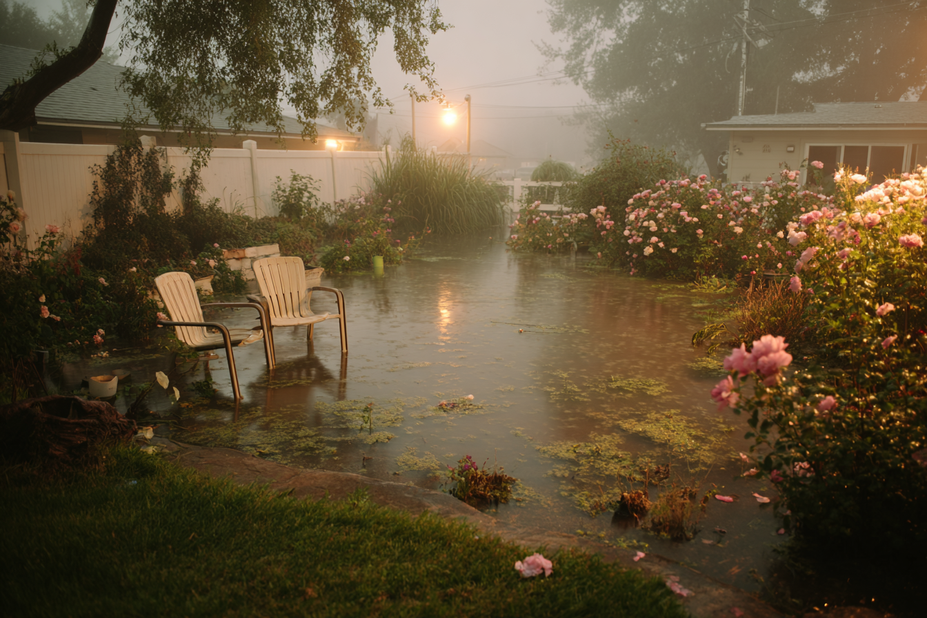 Un patio trasero inundado | Fuente: Midjourney