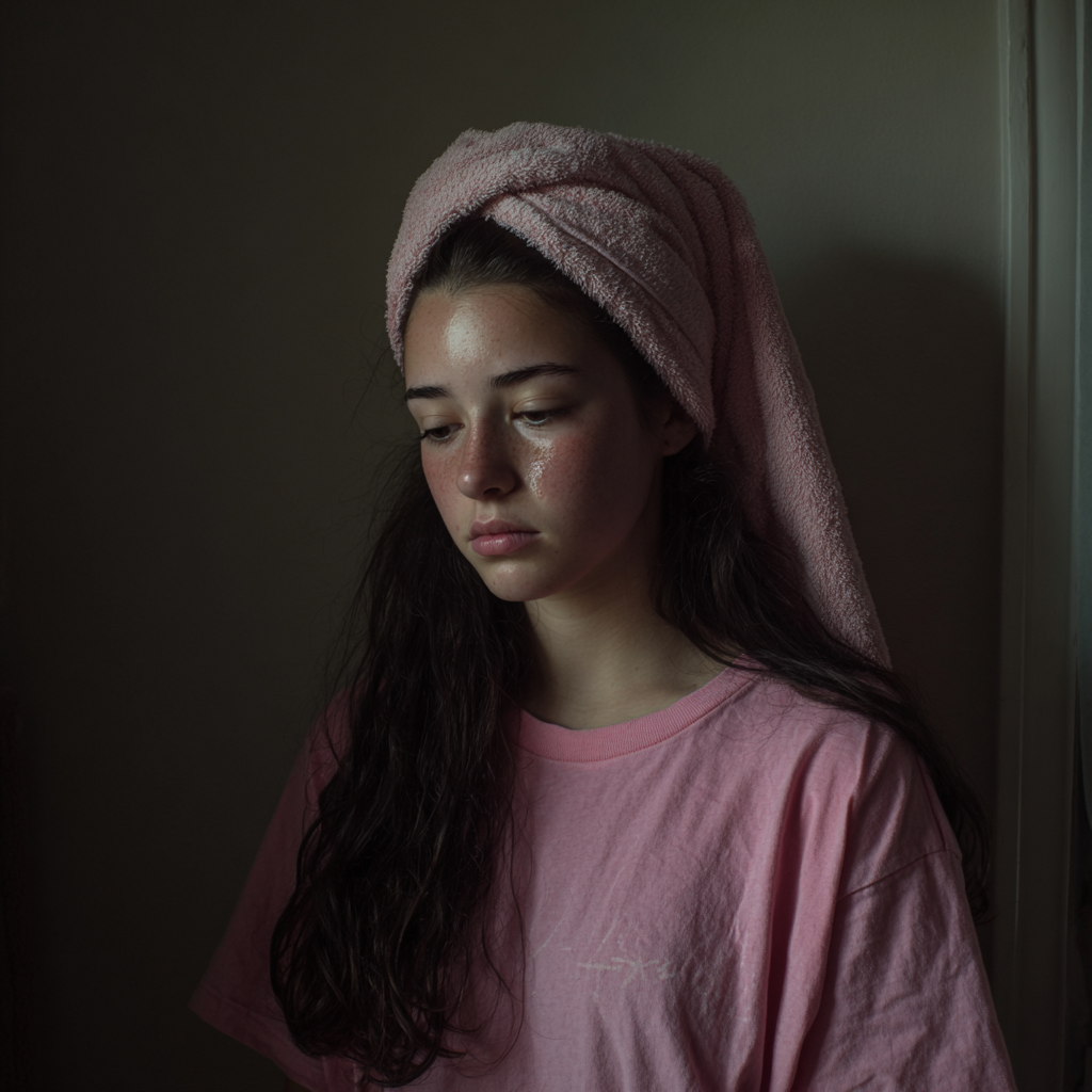 Una adolescente con una toalla en la cabeza | Fuente: Midjourney