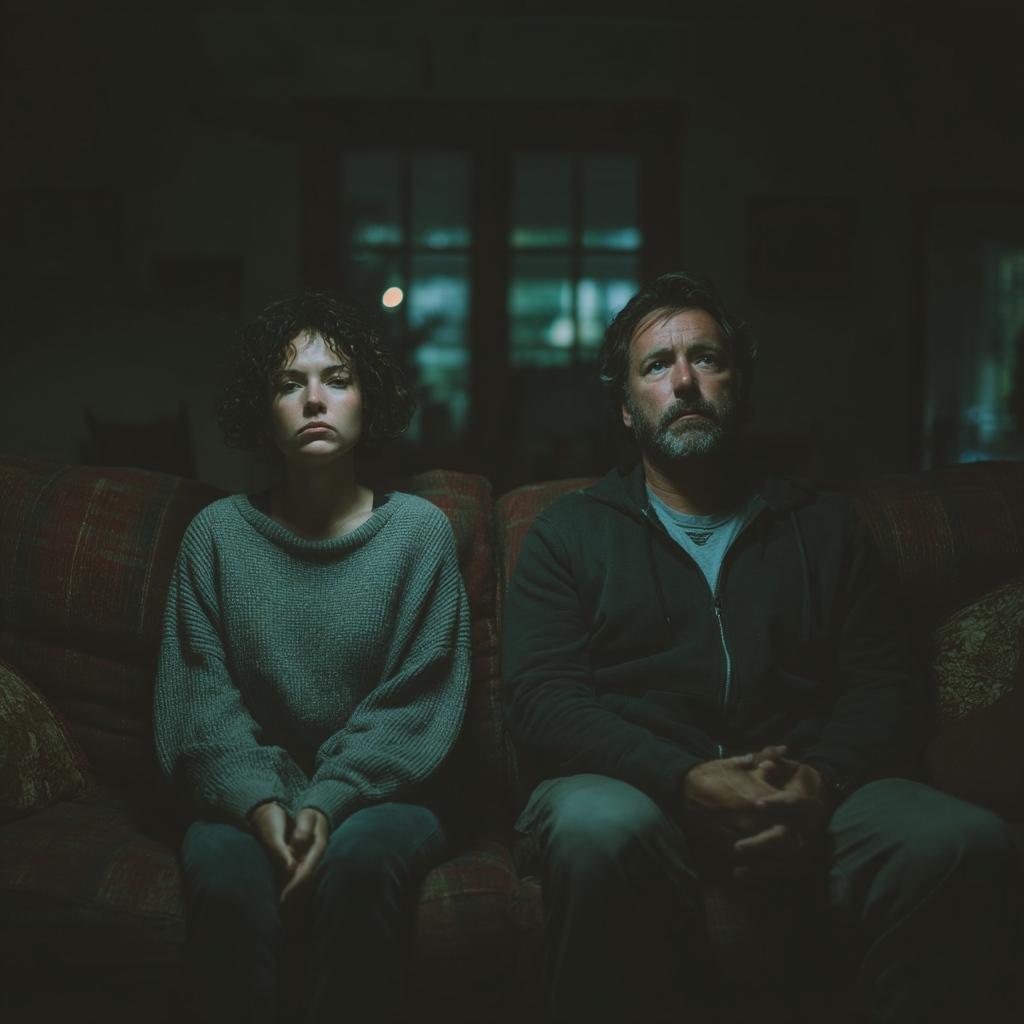 Una pareja triste sentada junta | Fuente: Midjourney