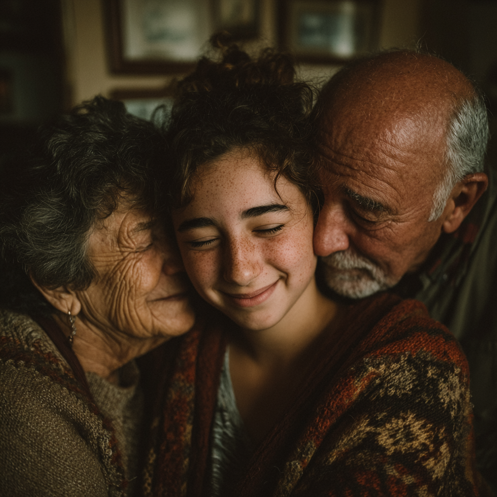 Abuelos abrazando a su nieta | Fuente: Midjourney