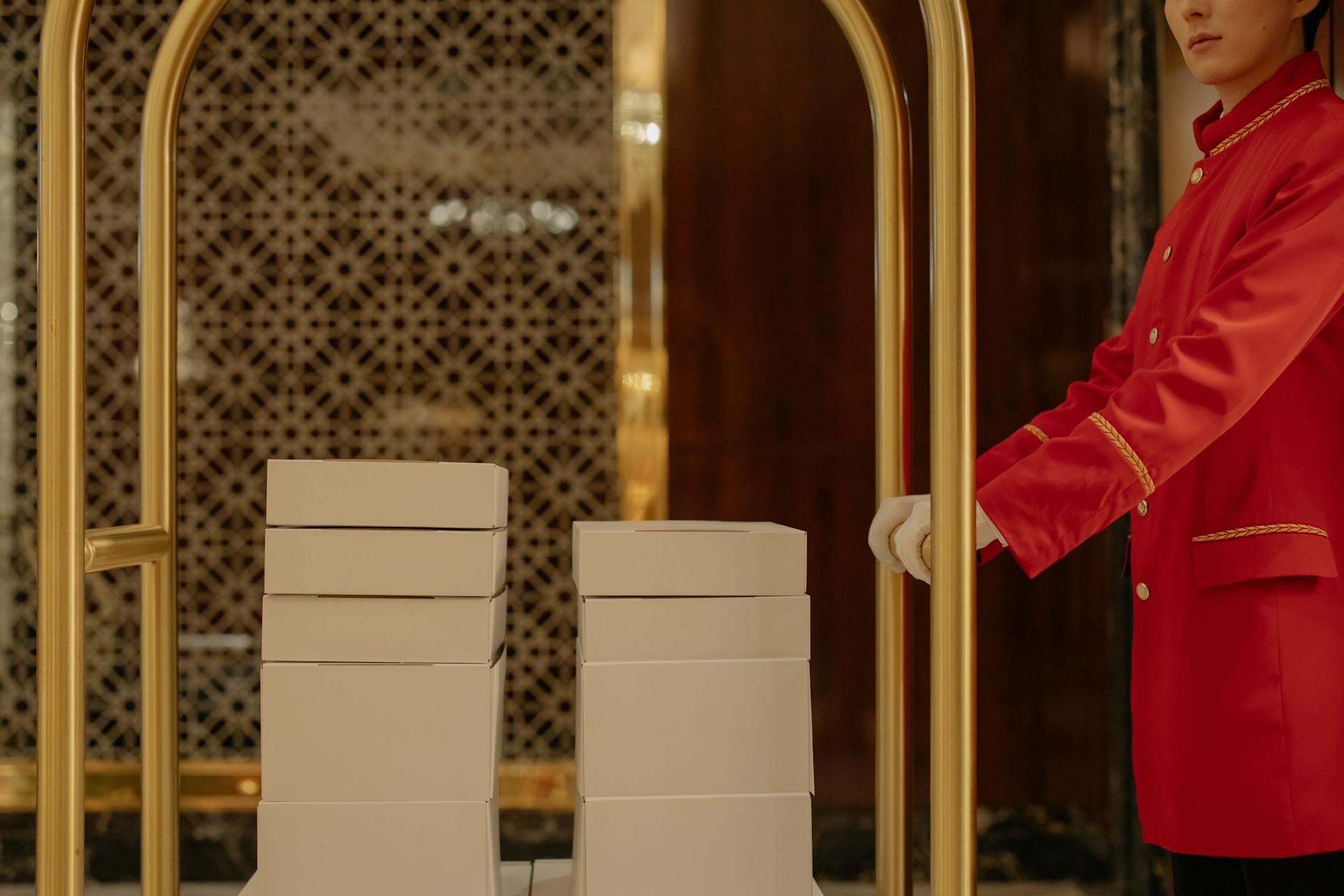 Un trabajador de un hotel empujando un carro con cajas | Fuente: Pexels