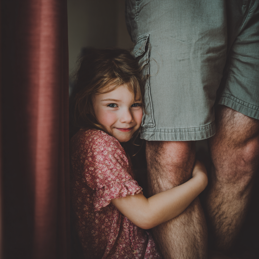 Una niña pequeña abrazando la pierna de un hombre | Fuente: Midjourney