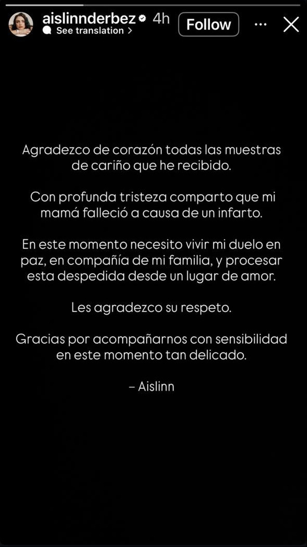 Comunicado de Aislinn Derbez sobre el fallecimiento de su madre, Gabriela Michel, en sus historias de Instagram | Fuente: Instagram Stories/aislinnderbez
