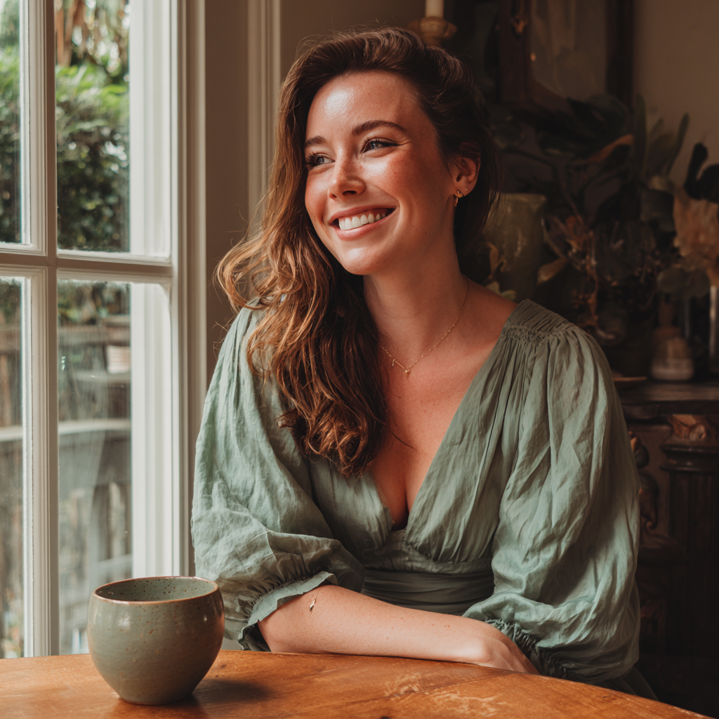 Una mujer sonriente sentada a una mesa | Fuente: Midjourney