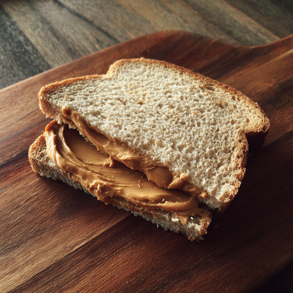 Un sandwich de mantequilla de cacahuete sobre una tabla de madera | Fuente: Midjourney