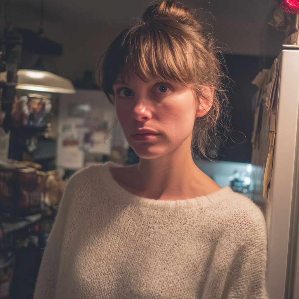 Una mujer pensativa con un suéter blanco | Fuente: Midjourney