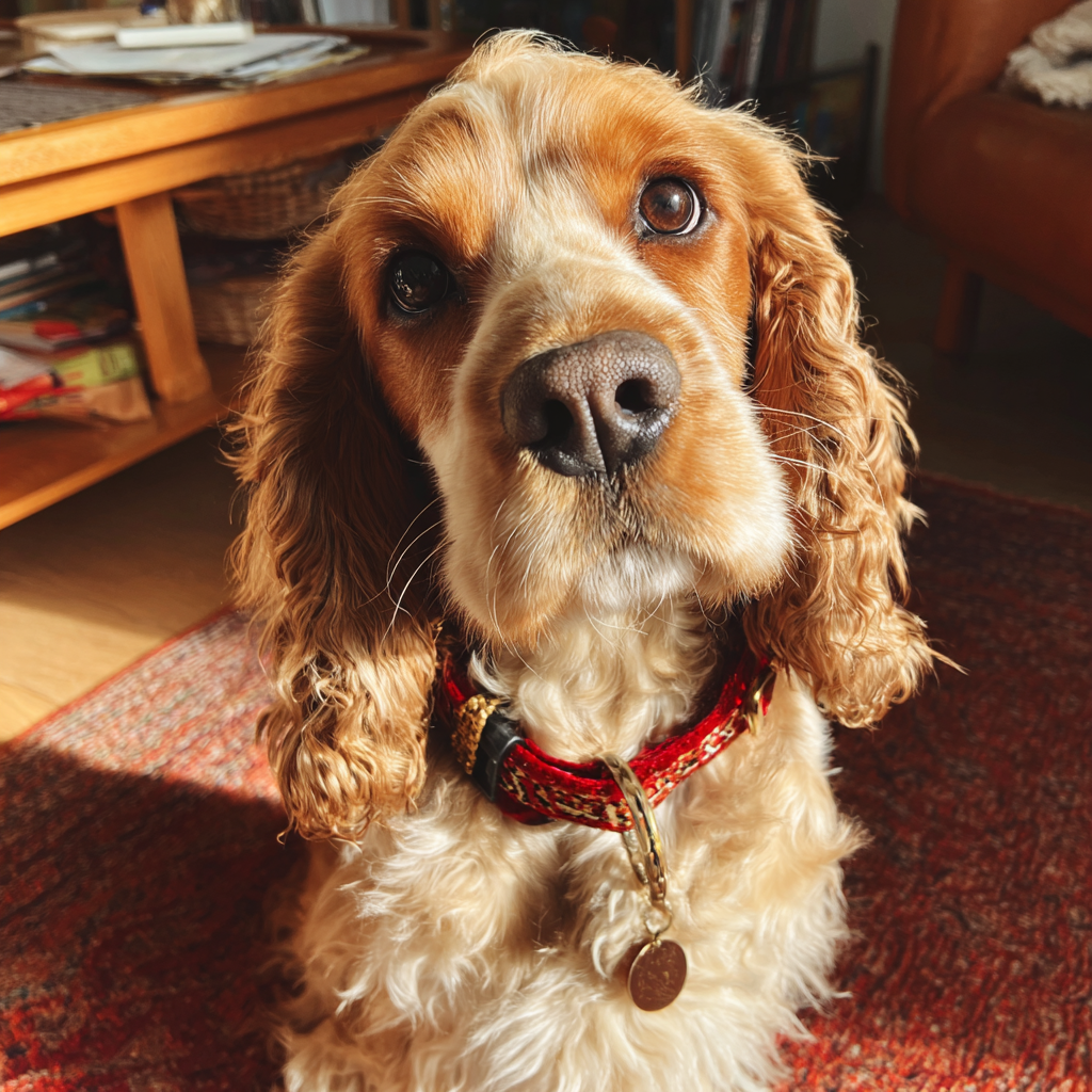Un perro con un collar rojo y dorado | Fuente: Midjourney