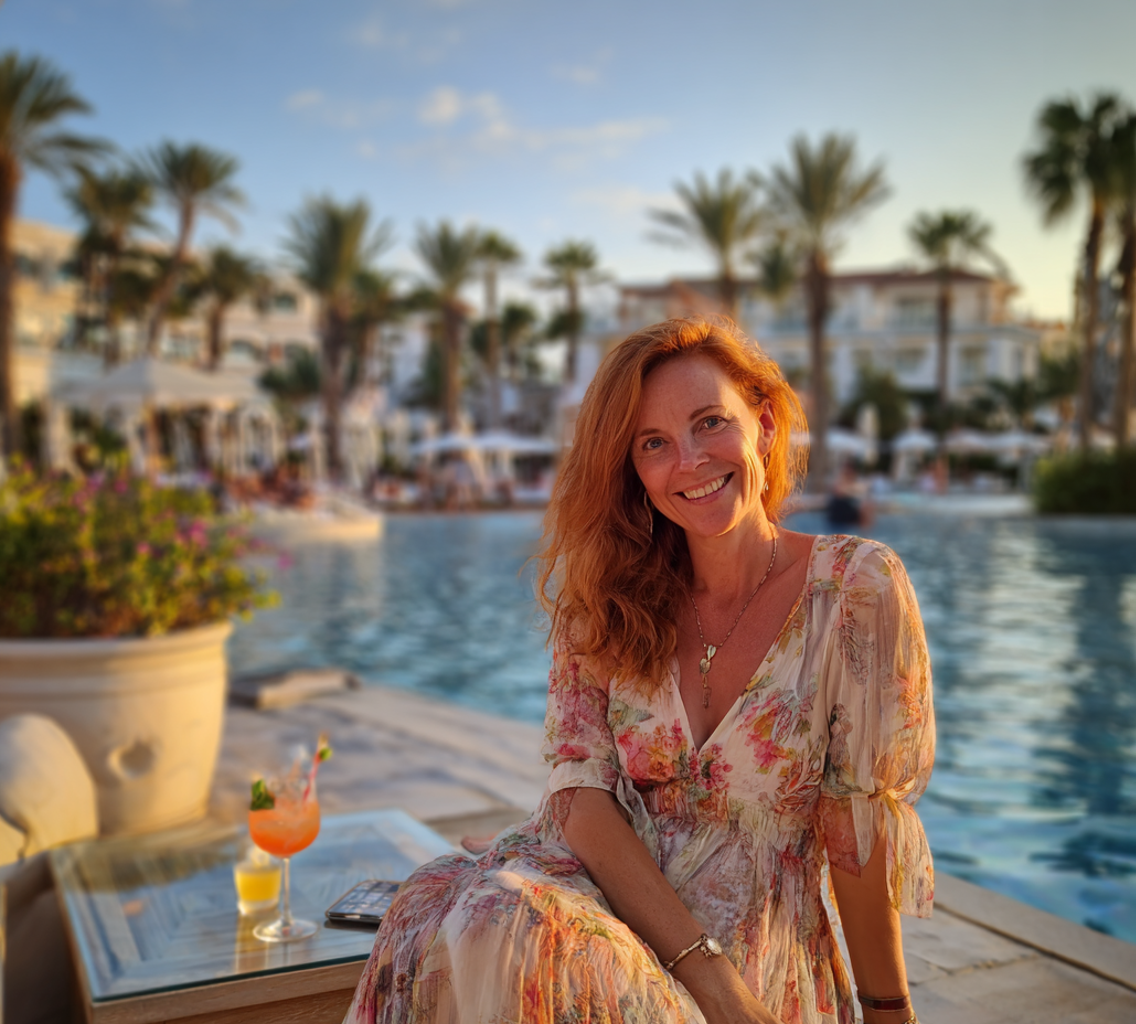 Una mujer sonriente sentada en un balneario | Fuente: Midjourney