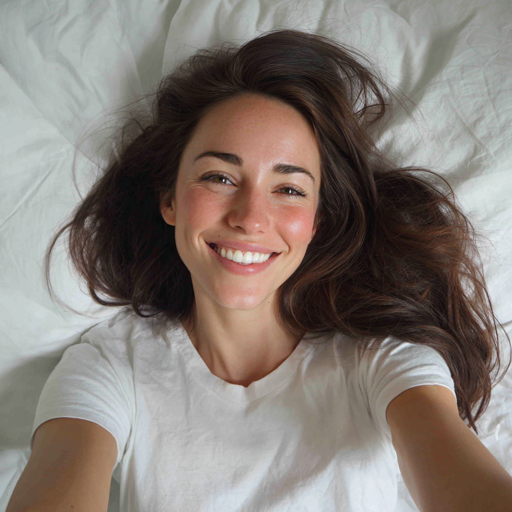 Una mujer sonriente tumbada en la cama | Fuente: Midjourney