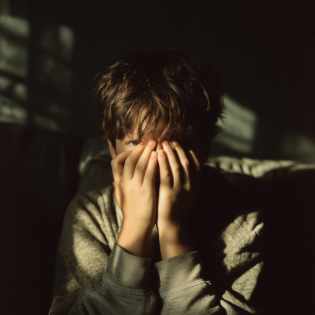 Un niño emocionado tapándose la cara | Fuente: Midjourney