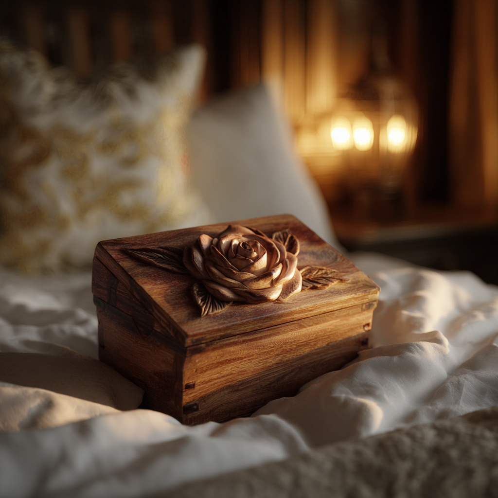Una caja de madera sobre una cama | Fuente: Midjourney
