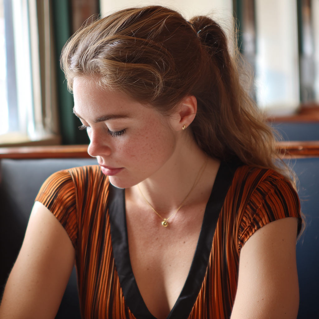 Una mujer joven sentada en una mesa y mirando su regazo | Fuente: Midjourney