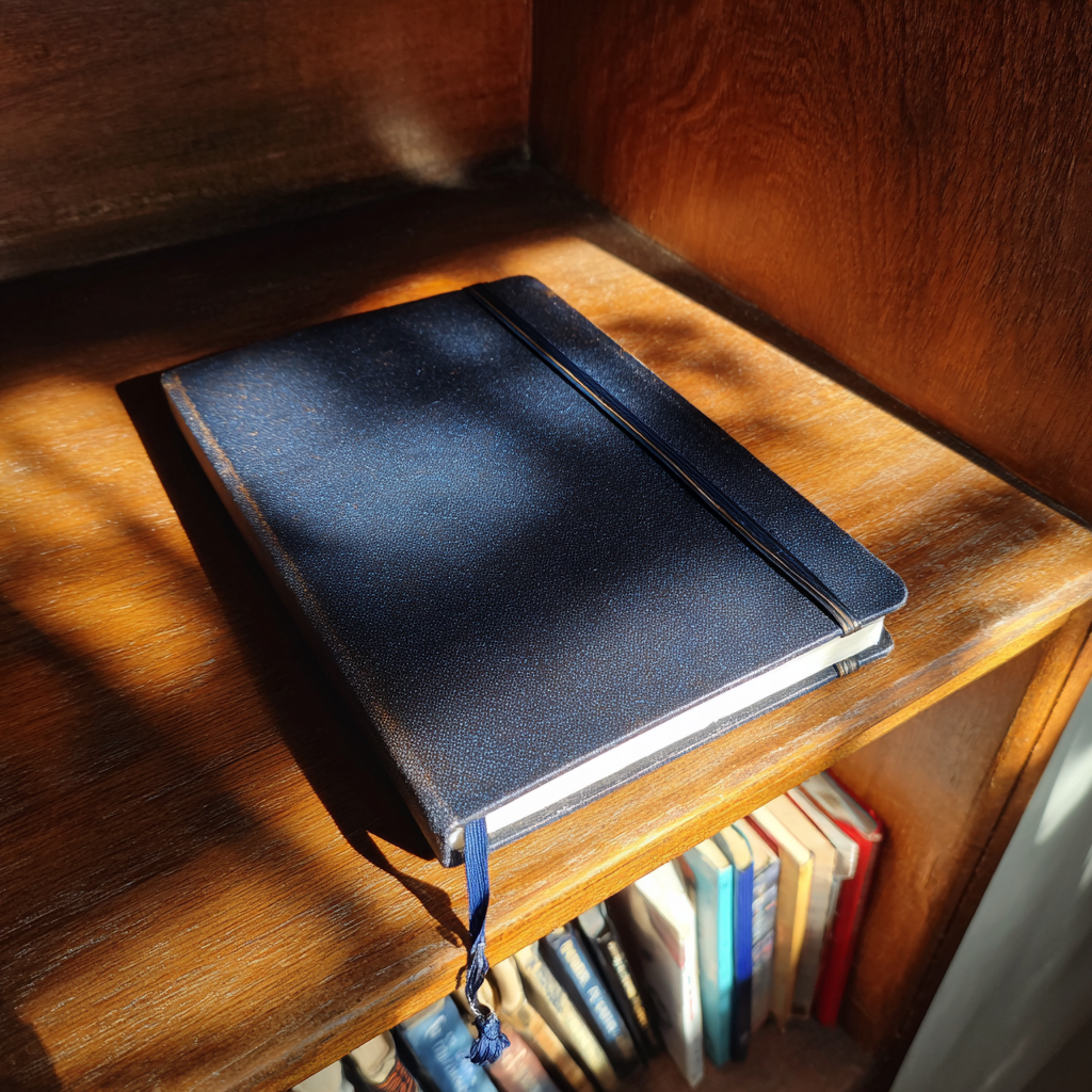 Un cuaderno azul marino en una estantería | Fuente: Midjourney