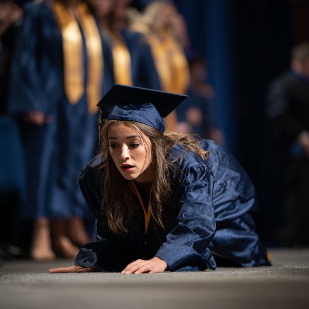 Una graduada reacciona tras caer | Fuente: Midjourney