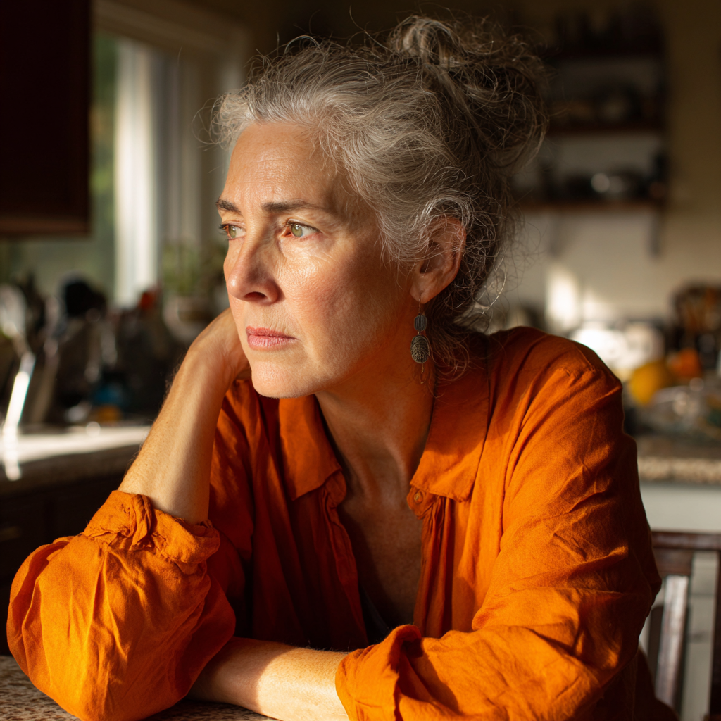 Una mujer mayor preocupada sentada a la mesa | Fuente: Midjourney
