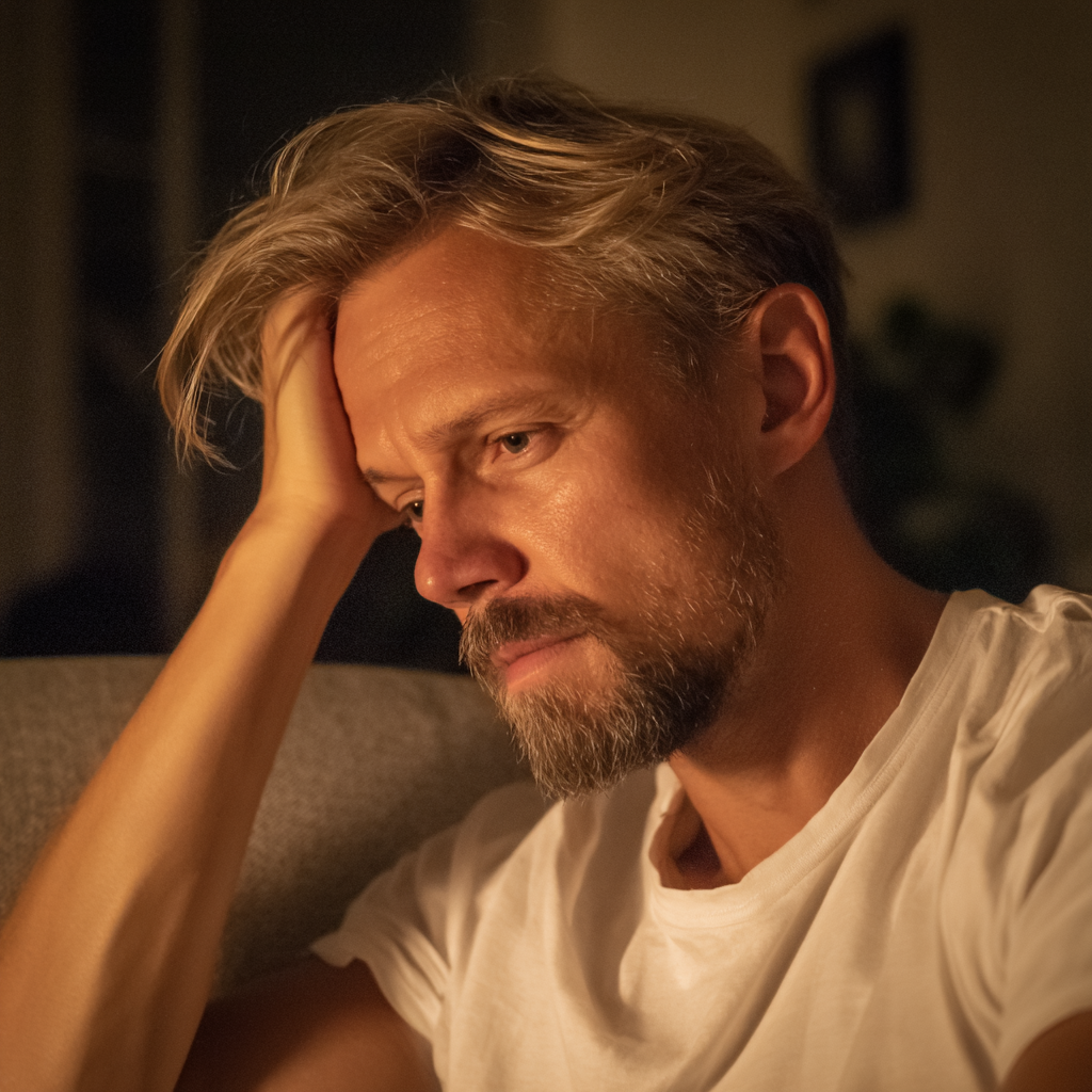 Un hombre disgustado sentado en un sofá | Fuente: Midjourney