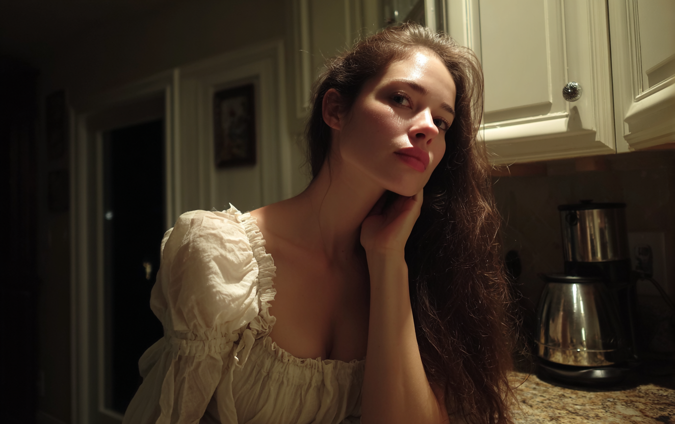 Una mujer apoyada en la encimera de una cocina | Fuente: Midjourney