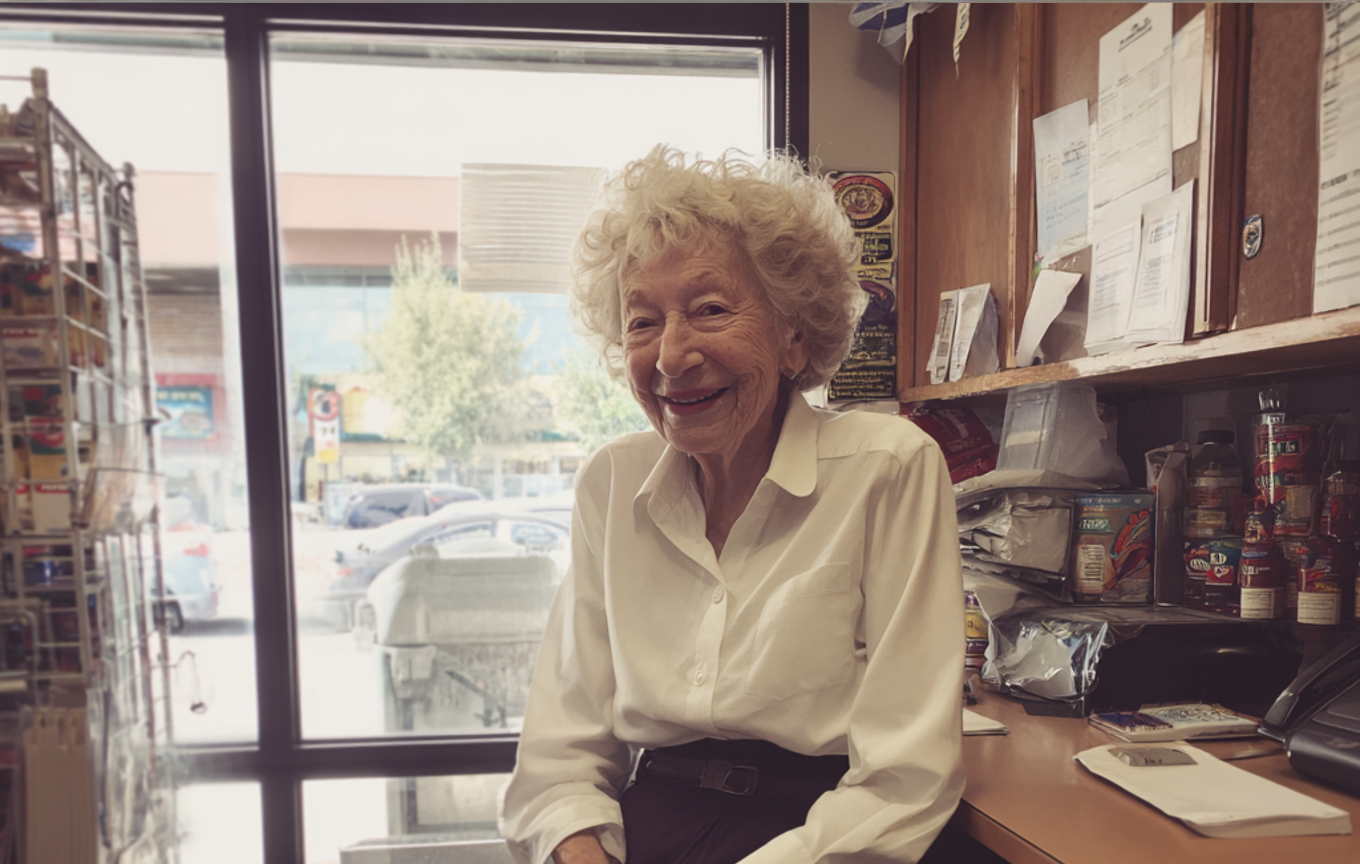 Una anciana sonriente sentada en un despacho | Fuente: Midjourney