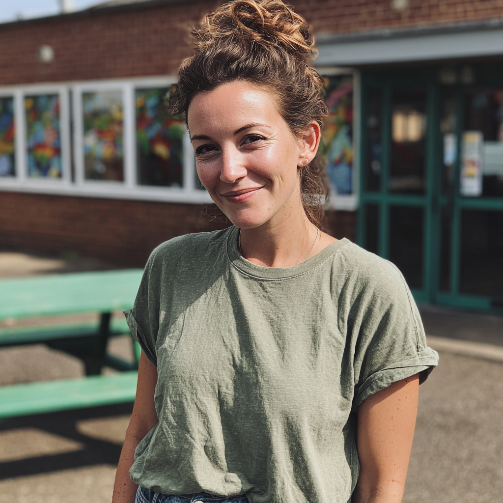 Una mujer sonriente delante de una escuela | Fuente: Midjourney