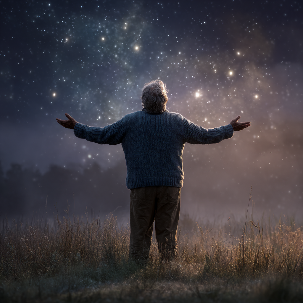 Un hombre mayor observa las estrellas con los brazos extendidos | Fuente: Midjourney