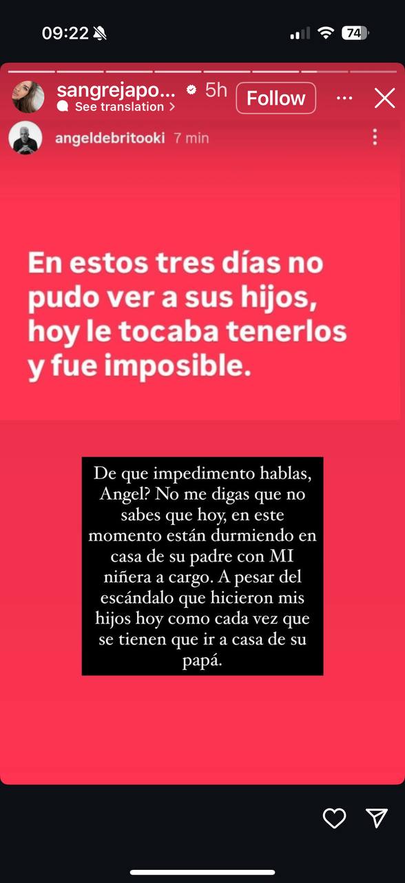 La China Suárez responde a Ángel de Brito. | Fuente: Instagram/sangrejaponesa.