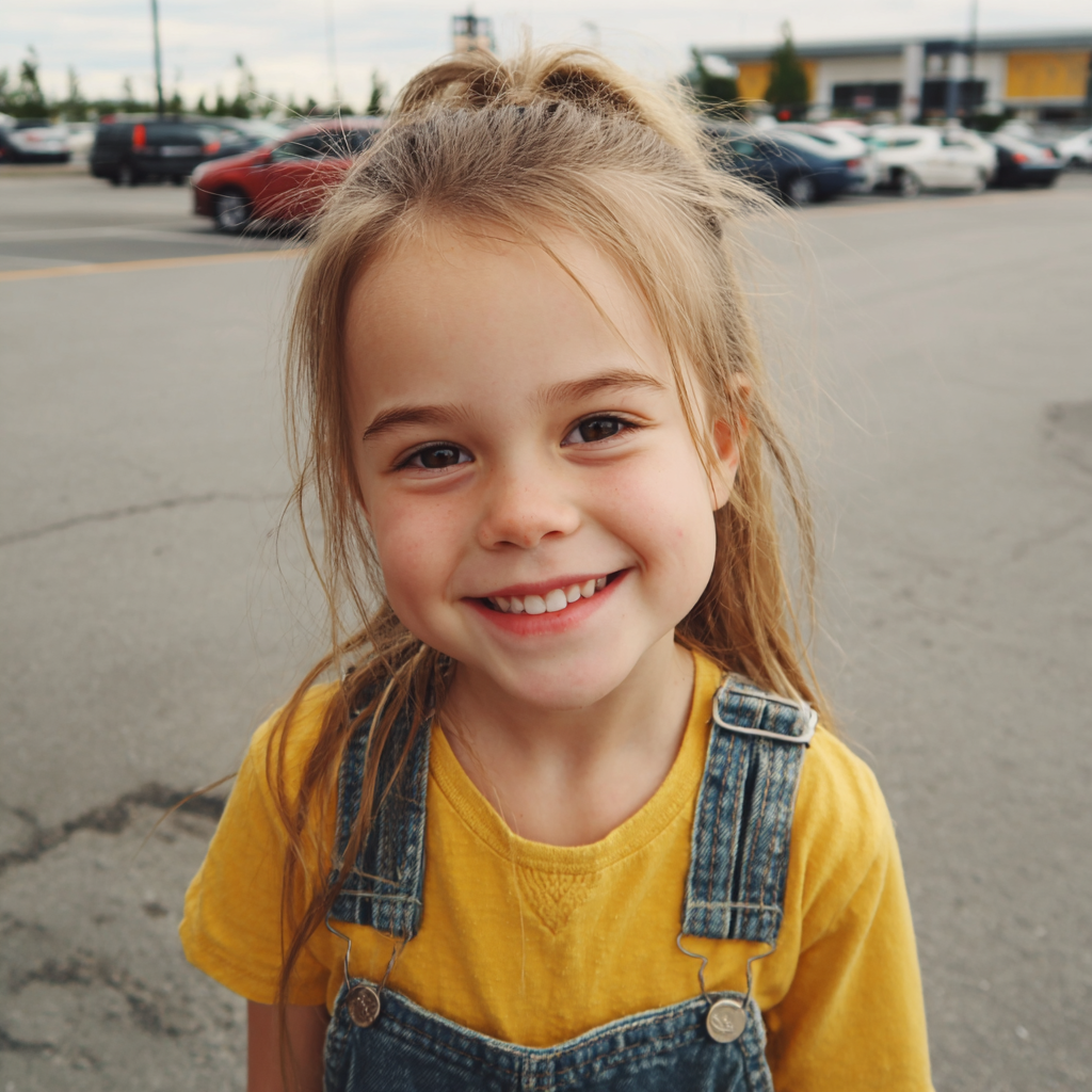 Una niña sonriente de pie en un aparcamiento | Fuente: Midjourney