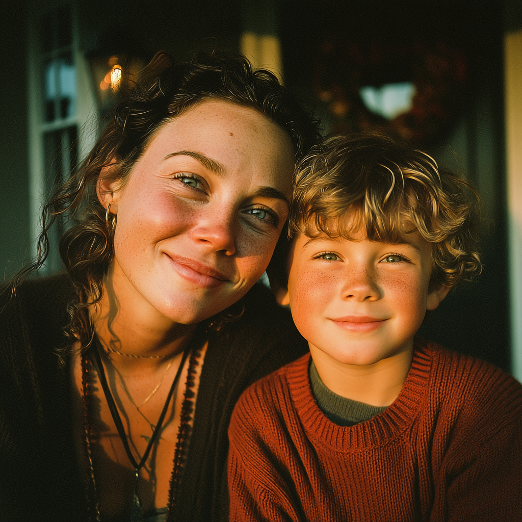 Una madre feliz sentada con su hijo | Fuente: Midjourney