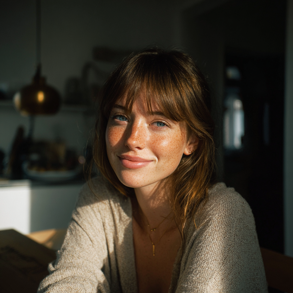 Una mujer sonriente sentada a la mesa de la cocina | Fuente: Midjourney