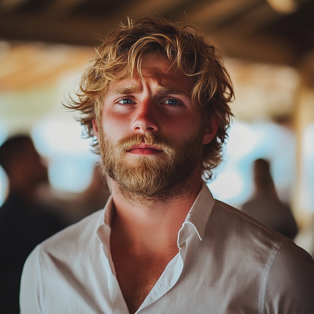 Un hombre preocupado vestido con una camisa blanca de etiqueta | Fuente: Midjourney