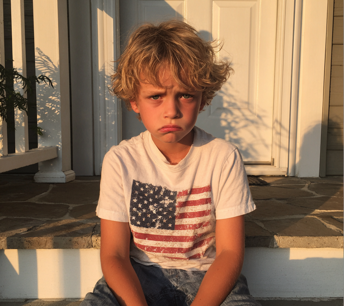 Un niño disgustado sentado en un porche | Fuente: Midjourney