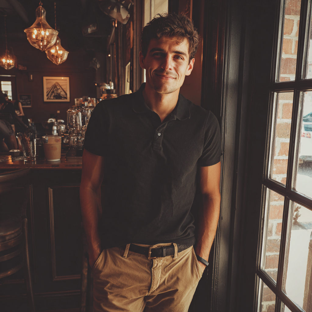 Un hombre sonriente de pie en una cafetería | Fuente: Midjourney