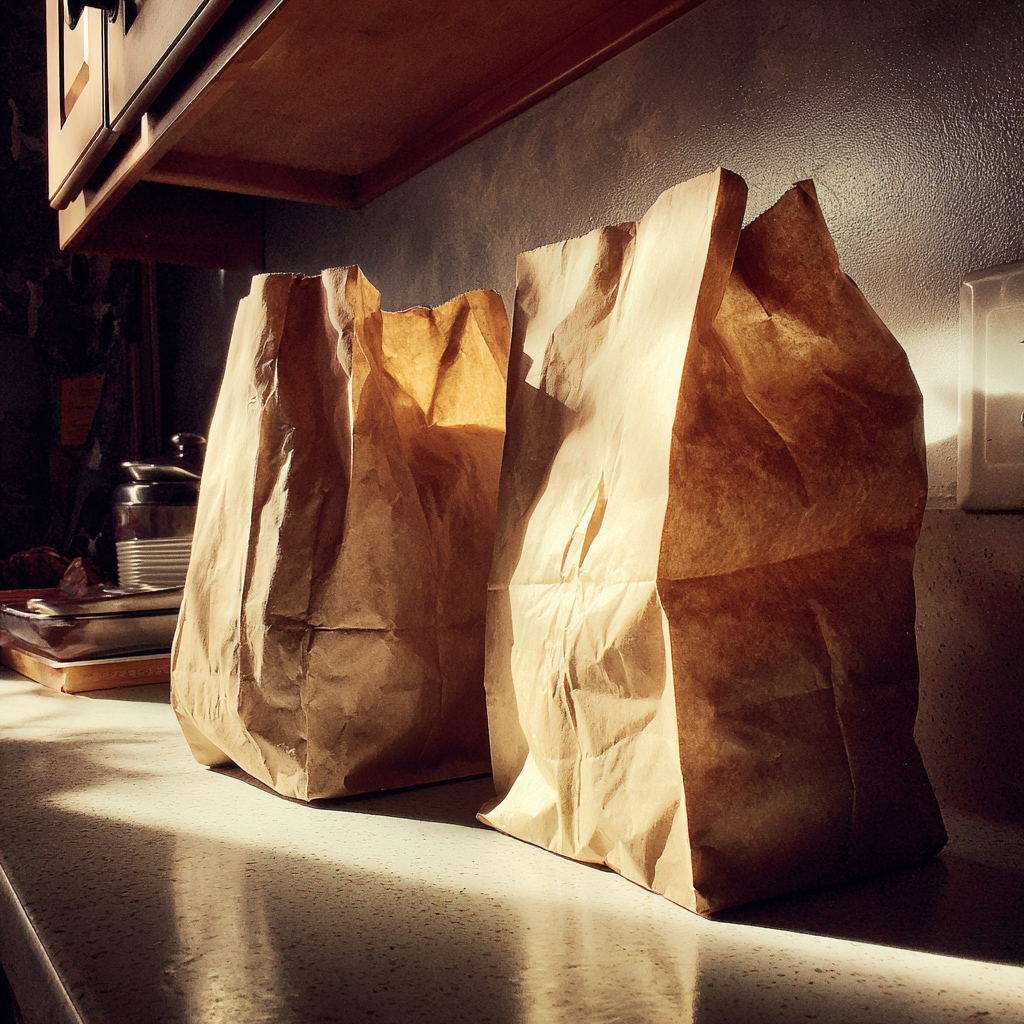 Bolsas de la compra de papel marrón en la encimera de la cocina | Fuente: Midjourney