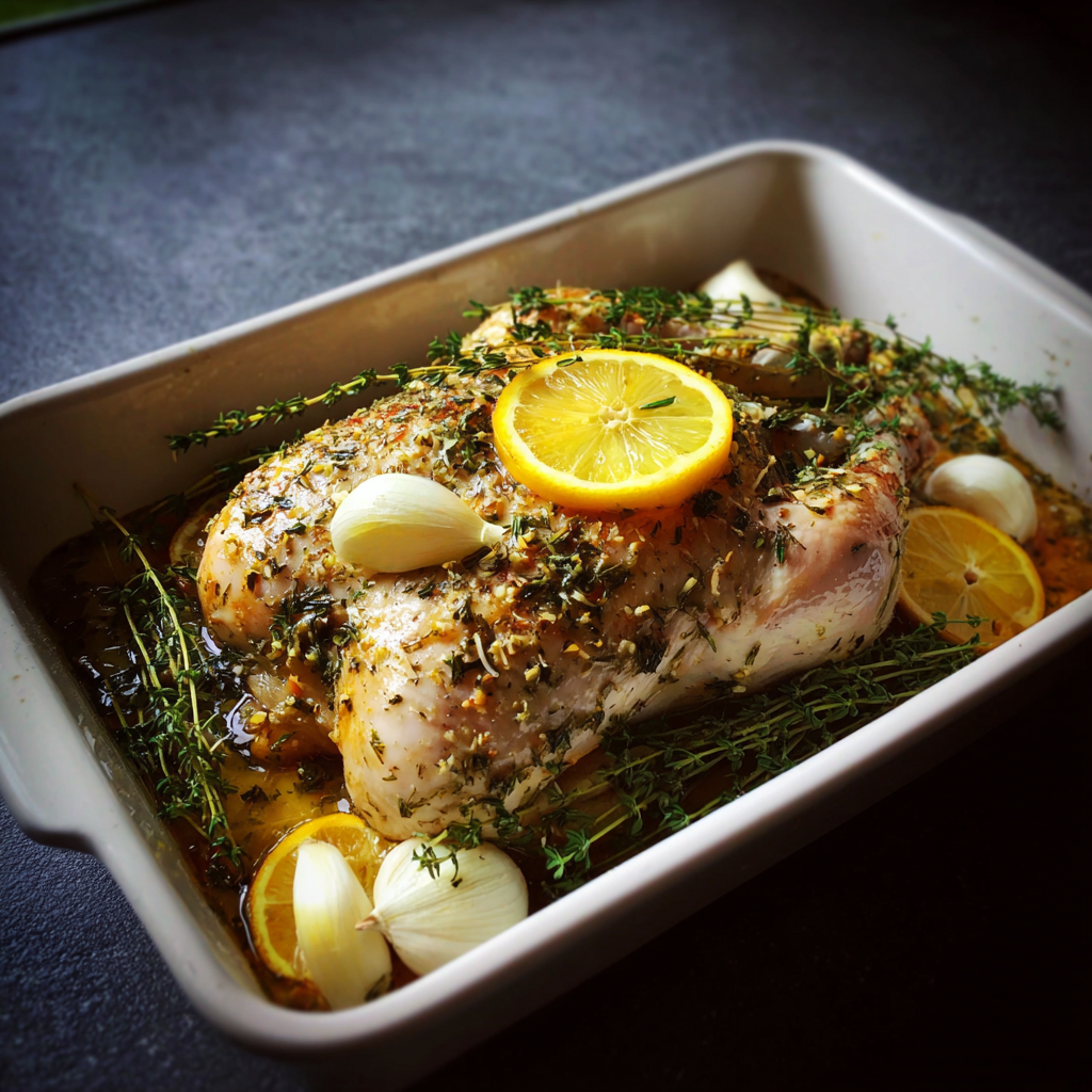 Un pollo marinándose en un plato | Fuente: Midjourney