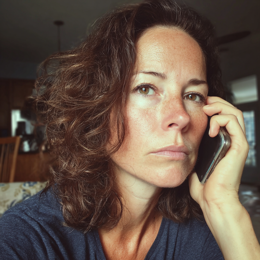 Una mujer sentada en un sofá y hablando por teléfono | Fuente: Midjourney