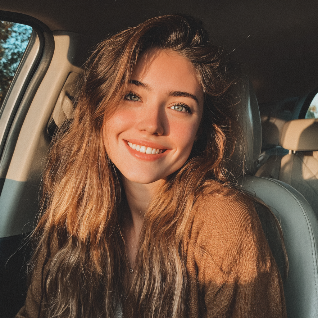 Una joven sonriente sentada en un Automóvil | Fuente: Midjourney
