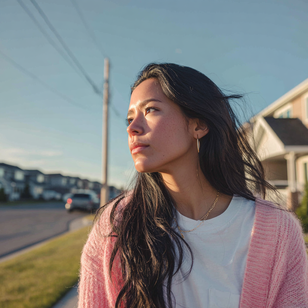 Una mujer pensativa en el exterior | Fuente: Midjourney