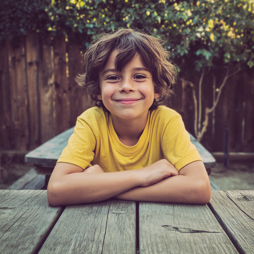 Un niño sonriente sentado en una mesa | Fuente: Midjourney