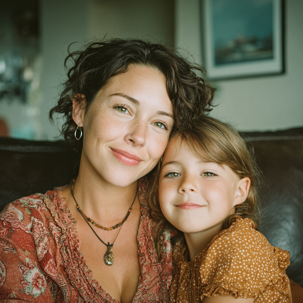 Una niña feliz apoyada en una mujer | Fuente: Midjourney