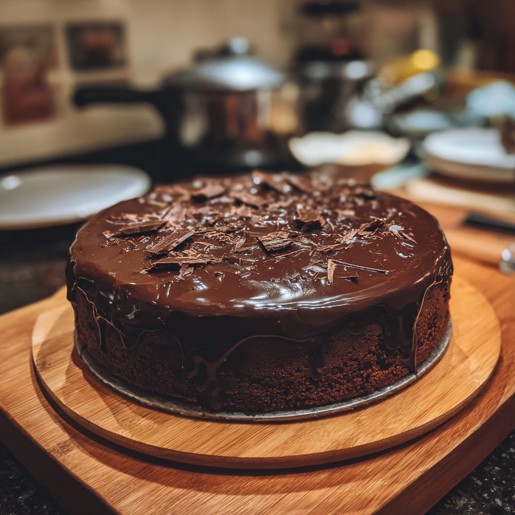 Un pastel de chocolate en la encimera de la cocina | Fuente: Midjourney