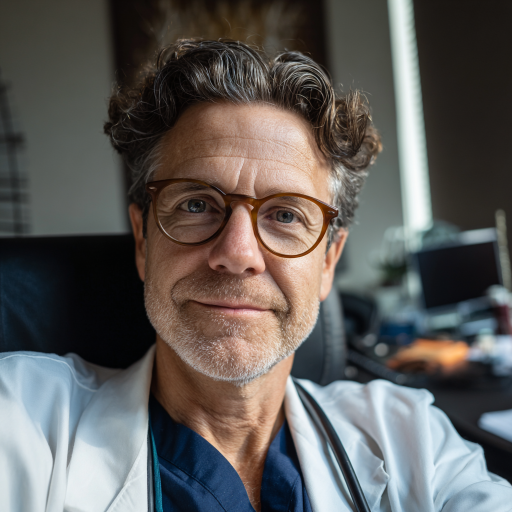 Un médico sonriente sentado en su consulta | Fuente: Midjourney