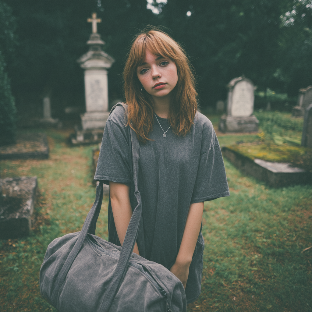 Una joven de pie en un cementerio con una bolsa de lona | Fuente: Midjourney